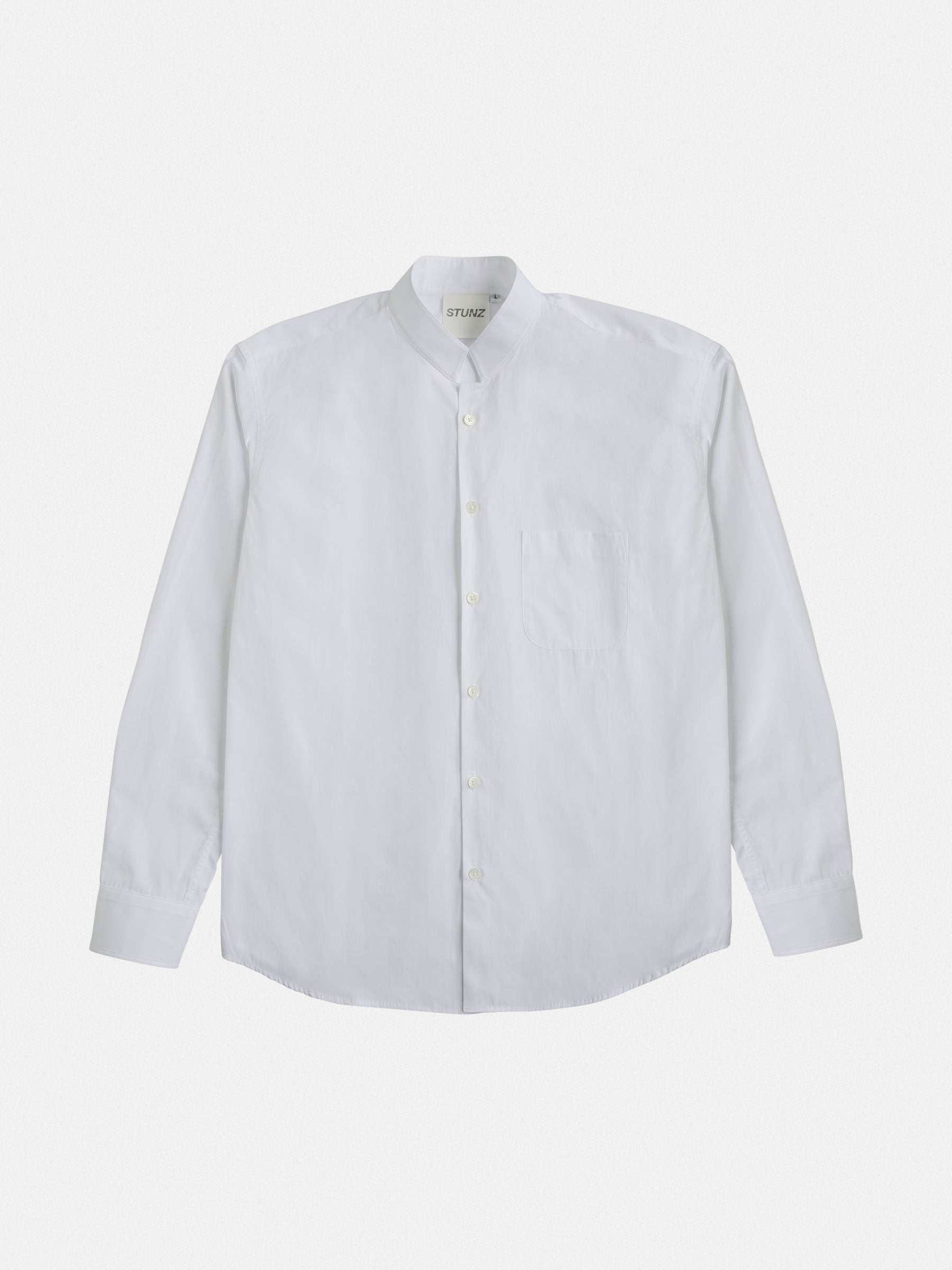 The gabrielstunz Mandarin Collar Regular Fit is a crisp, 100% cotton white long-sleeve button-up shirt featuring a front pocket, expertly crafted by Cottonificio Albini and presented against a plain background.