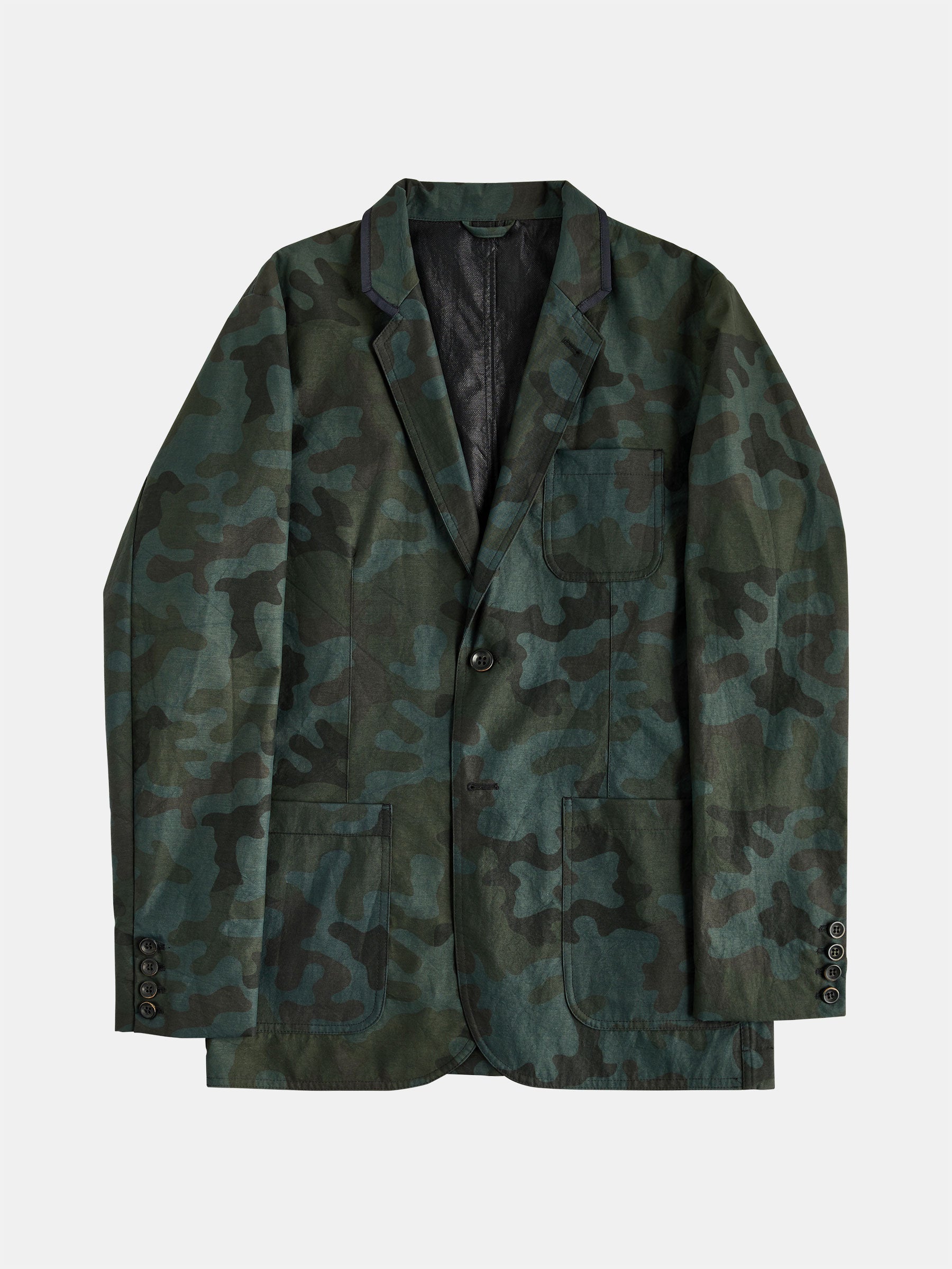 POCKETPARACHUTE® Camouflage Jacket by gabrielstunz, showcasing a dark green and black camouflage pattern crafted from performance fabric. It includes two front pockets, buttoned cuffs, and a notched lapel, presented against a white background.