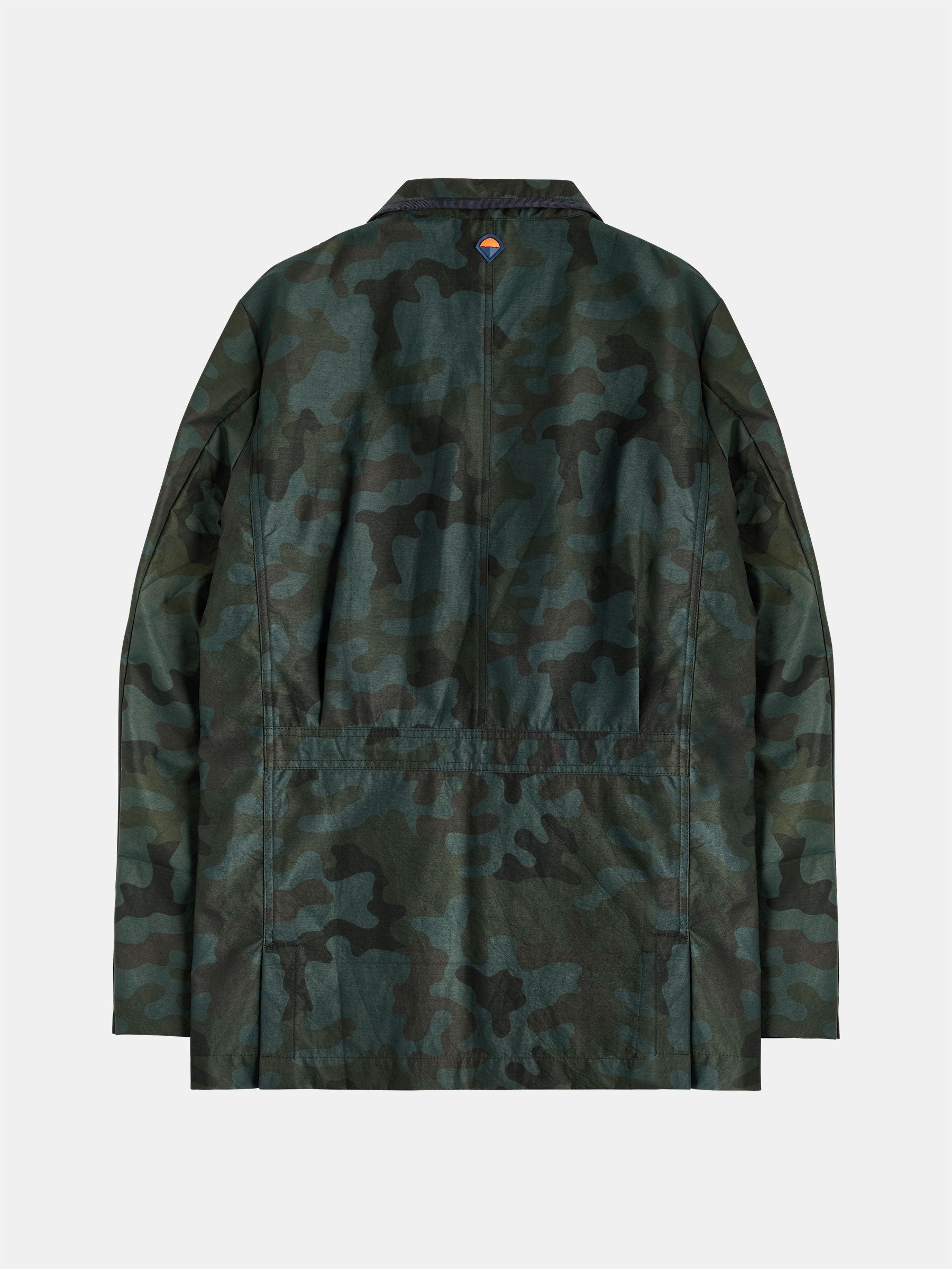 Back view of the gabrielstunz POCKETPARACHUTE® Camouflage Jacket in green, made from performance fabric, displayed on a plain white background and featuring a high collar and long sleeves.