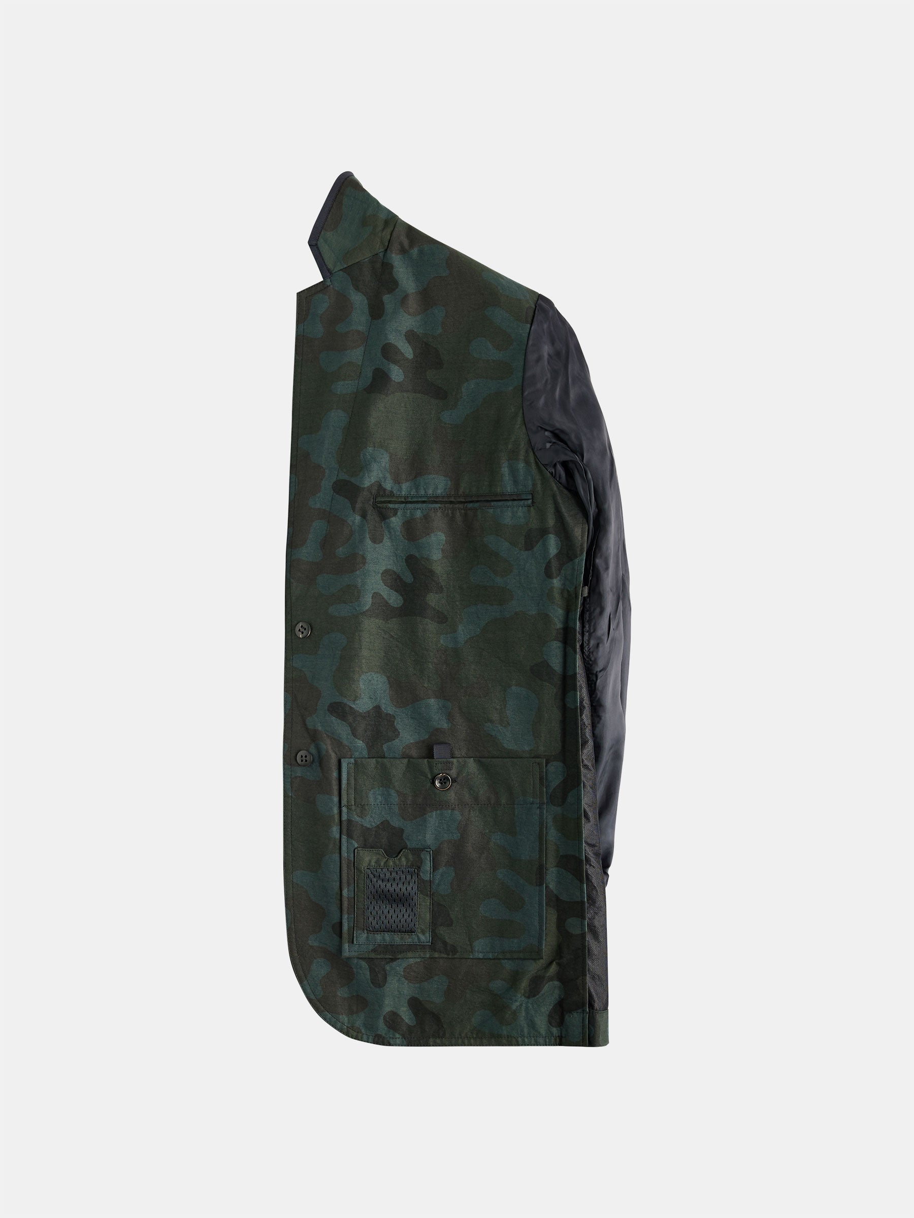 Side view of the POCKETPARACHUTE® Camouflage Jacket by gabrielstunz, featuring a green camouflage design with black sleeves and a high collar made from performance fabric. This jacket includes multiple pockets and button detailing for packable convenience, all displayed on a plain white background.