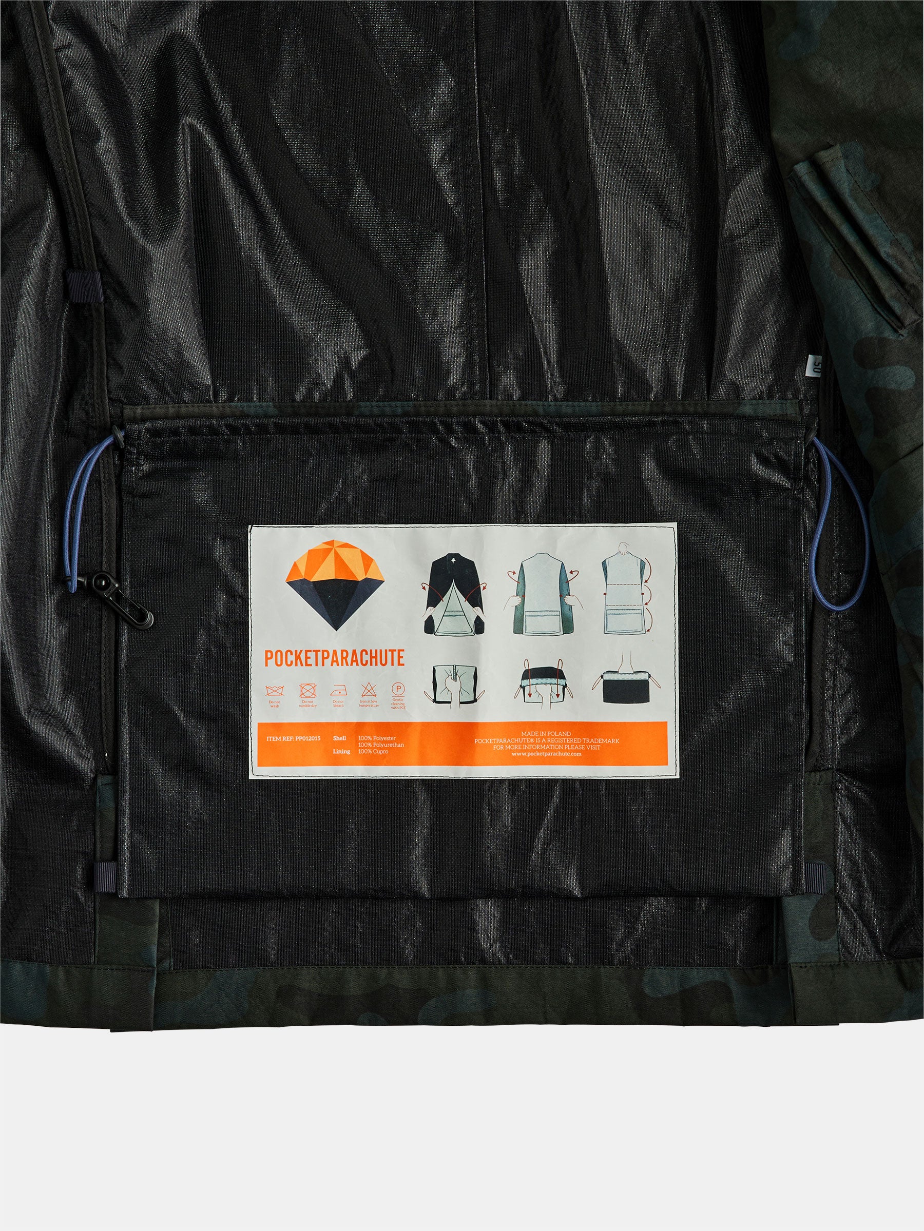 A detailed view of the gabrielstunz POCKETPARACHUTE® Camouflage Jacket crafted from performance fabric, featuring a diagram that illustrates the folding and unfolding process. An orange logo at the top emphasizes its packable convenience.