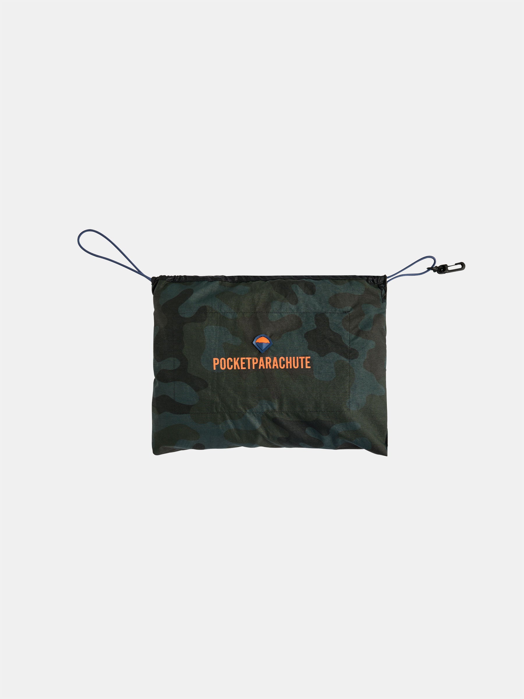The POCKETPARACHUTE® Camouflage Jacket, designed by gabrielstunz, features a camouflage-patterned pouch with packable convenience. It includes a small carabiner clip and drawstring closure against a plain background.